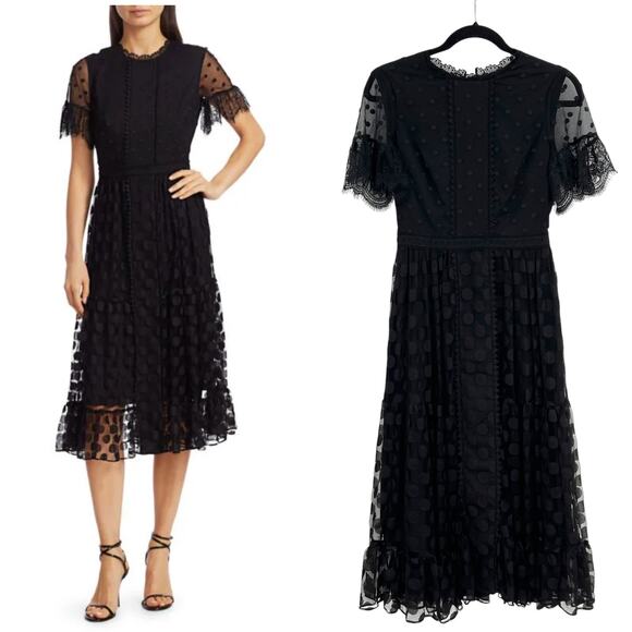Saloni Andie Mixed Polka Dot Midi Dress Tulle Lace Short Sleeve Black Size US 2 - Picture 1 of 12